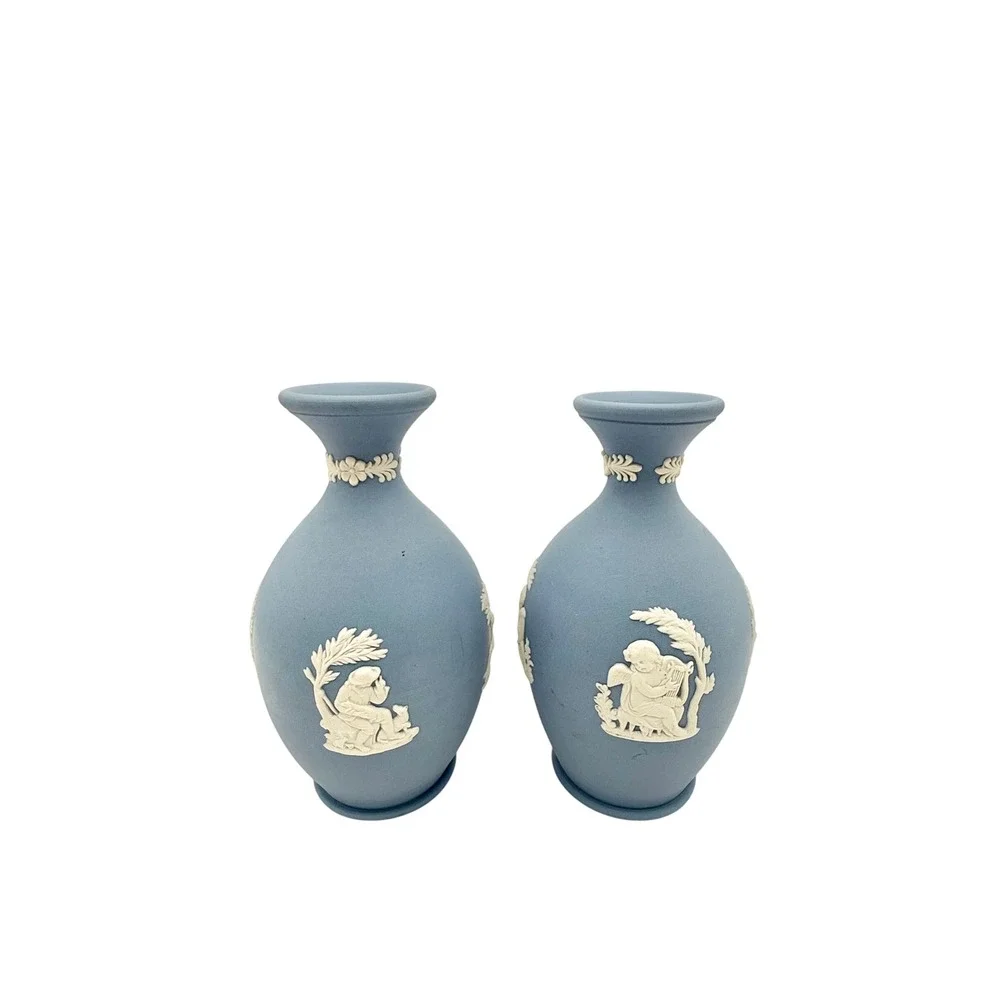 Vintage Wedgwood Blue Jasperware Bud Vases Pair White Cherub Relief Neoclassical